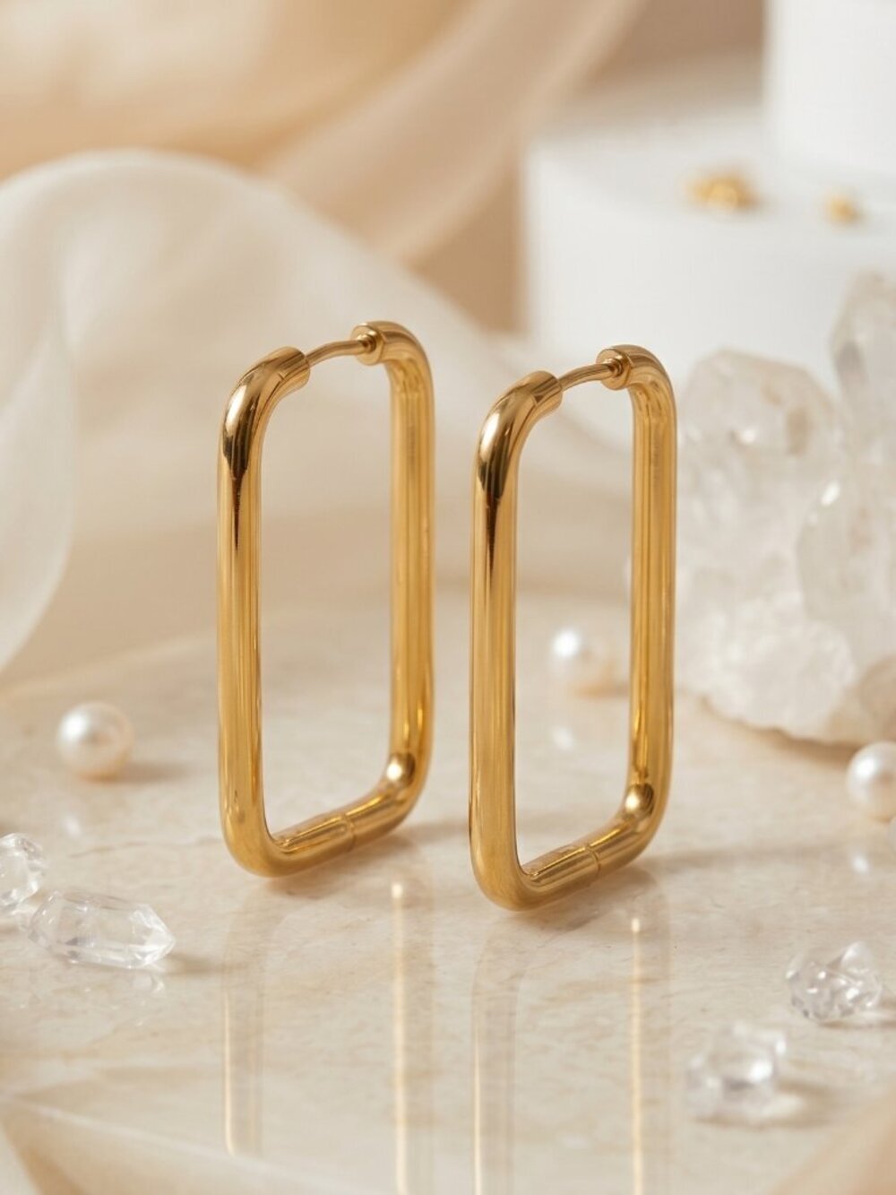 Rectangle Hoop Earrings 18K Gold Plated 316L SS Clean Girl Quiet Luxury 1.55"